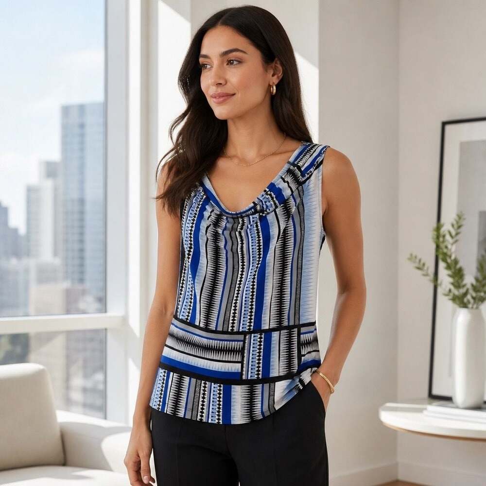 Calvin Klein Blue Black Geometric Print Sleeveless Cowl Neck Tank Top Size L